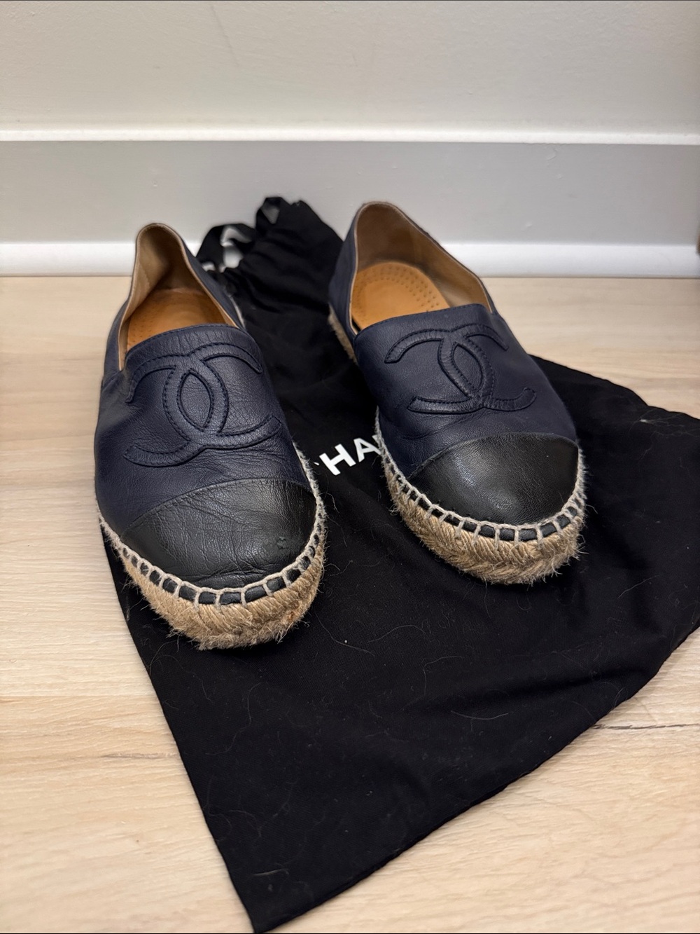 CHANEL Navy Leather & Black Cap-Toe Espadrille Flats